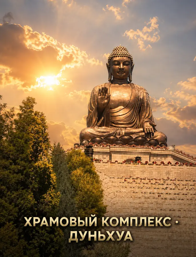 Храмовый комплекс и статуя Будды в Дуньхуа на закате