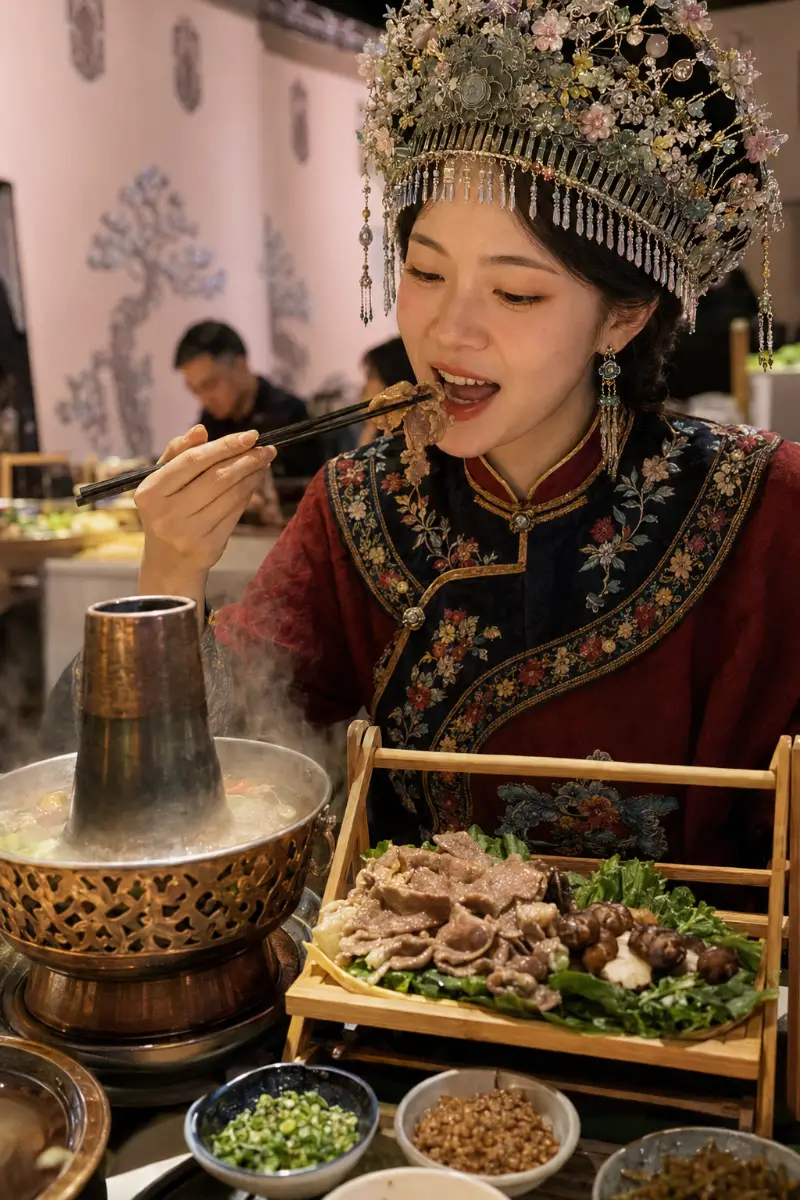 Девушка пробует мясное блюдо в ресторане маньчжурской кухни Хуньчуня