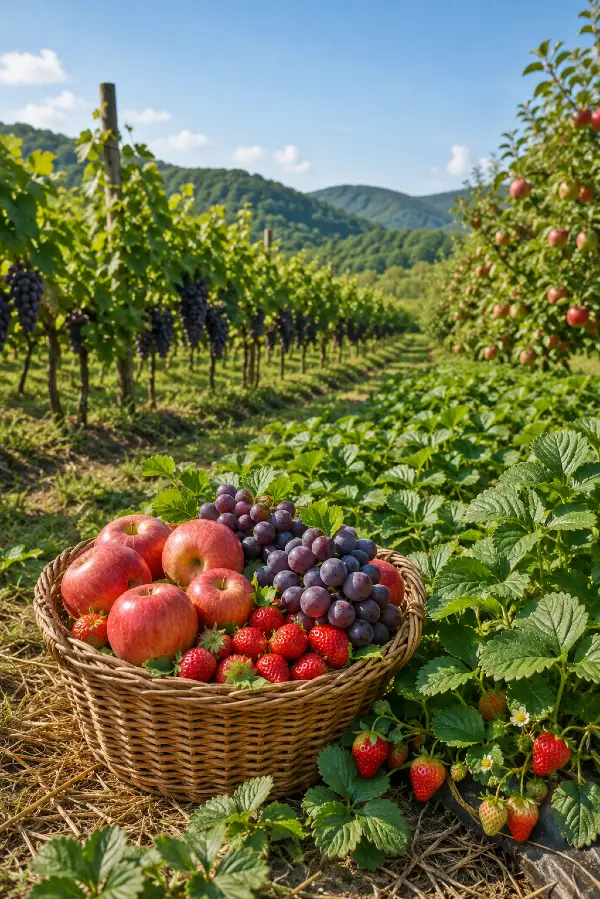 Корзина с яблоками, виноградом и клубникой в фруктовом саду. Сезонный сад Хуньчуня