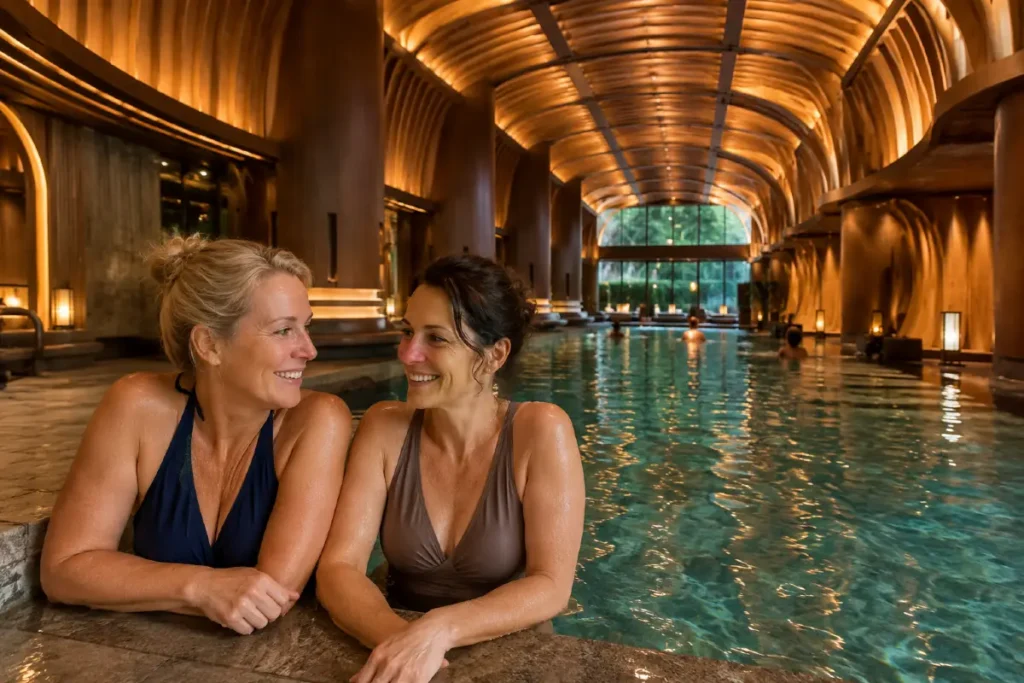 Женщины отдыхают у бассейна в современном SPA-комплексе Хуньчуня